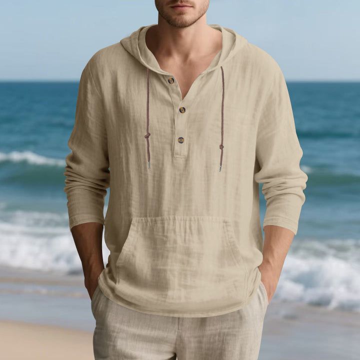 Men's lightweight hooded henley made of linen-cotton blend with kangaroo pocket and button placket StylebySassy