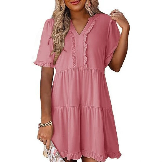 Women's lightweight swing dress with V-neck, tiered skirt and delicate ruffles StylebySassy
