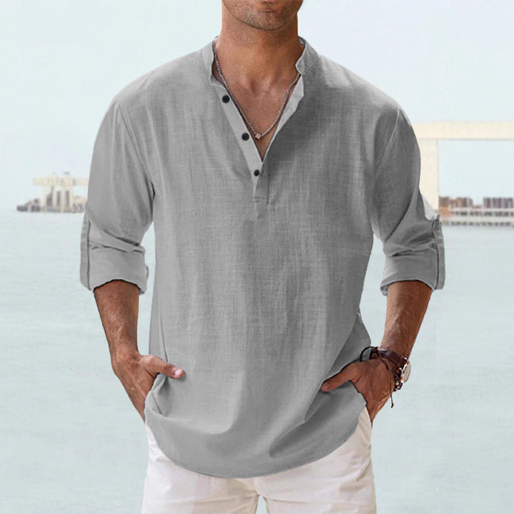 Men's nan casual linen henley shirt with stand-up collar, roll-up sleeves, and rounded hem StylebySassy