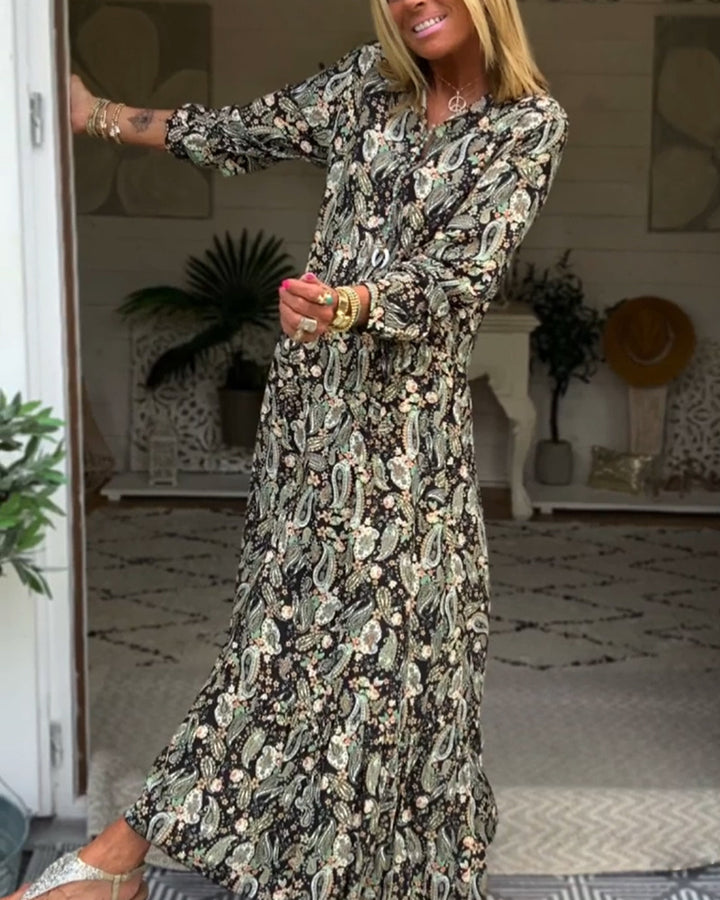 Women's Boho Maxi Dress with Paisley Print, V-Neck, Gathered Waist yoke and Ruffle Hem StylebySassy