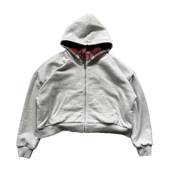 Unisex non-padded hooded jacket with checked flannel lining and zipper StylebySassy