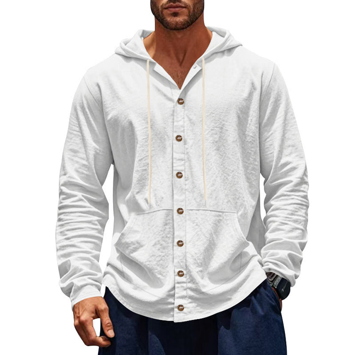 Men's button-closed hooded shirt jacket made of lightweight cotton blend with kangaroo pocket StylebySassy