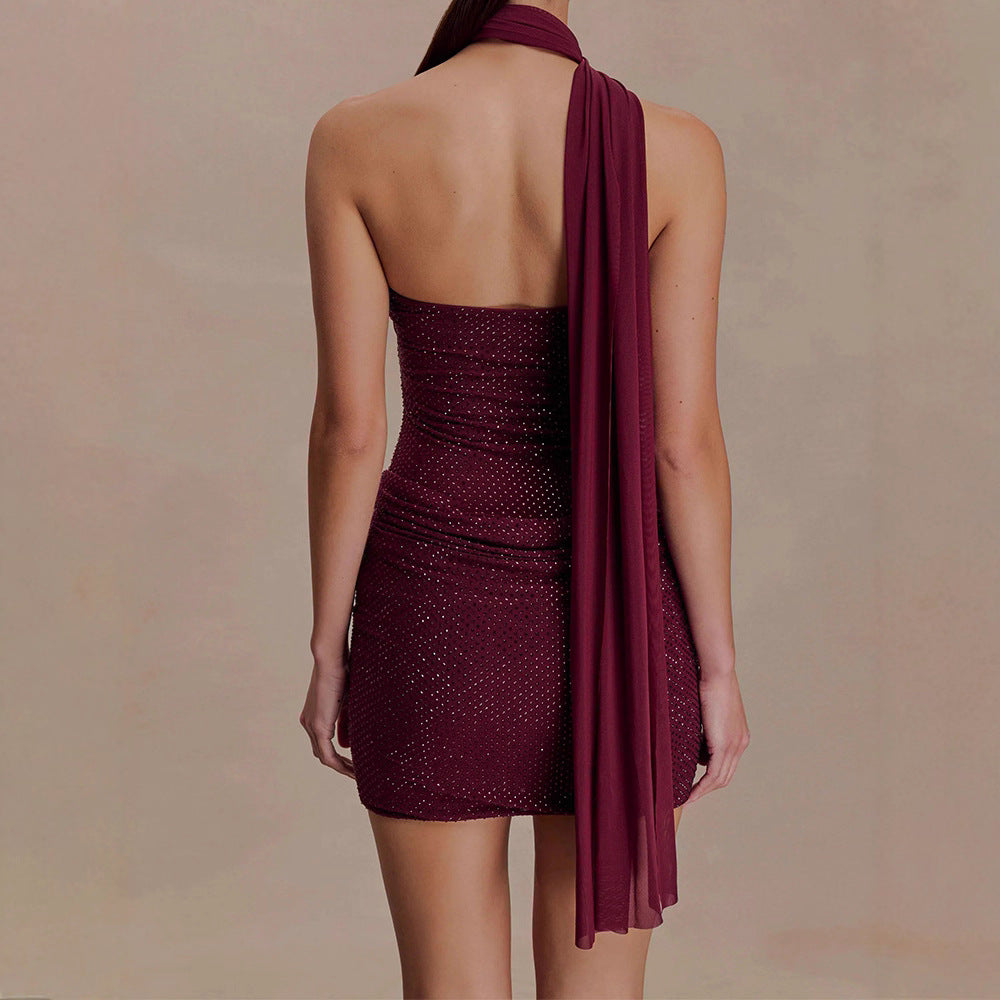 Ladies Glamorous Mini Dress with Asymmetrical Cut and Sparkling Details StylebySassy