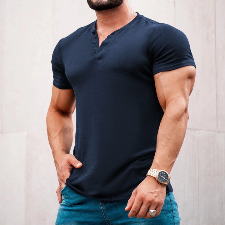 Men's muscle-fitting short-sleeve shirt with button placket and V-neck made of cotton stretch StylebySassy