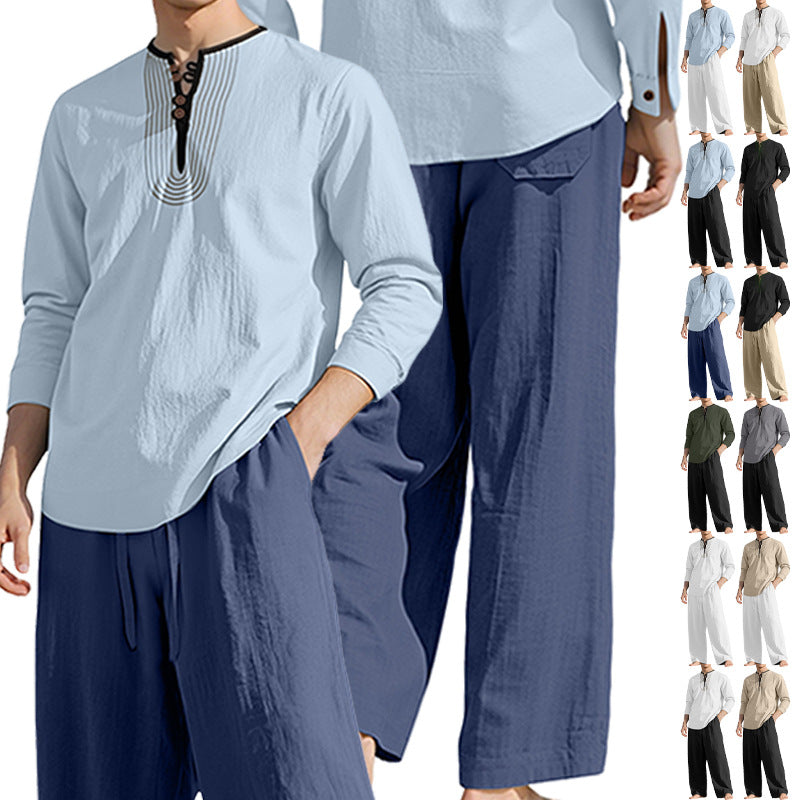 Men's tunic and Palazzo pants set with Henley placket, decorative embroidery and wide cut StylebySassy