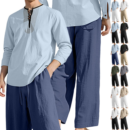 Men's tunic and Palazzo pants set with Henley placket, decorative embroidery and wide cut StylebySassy