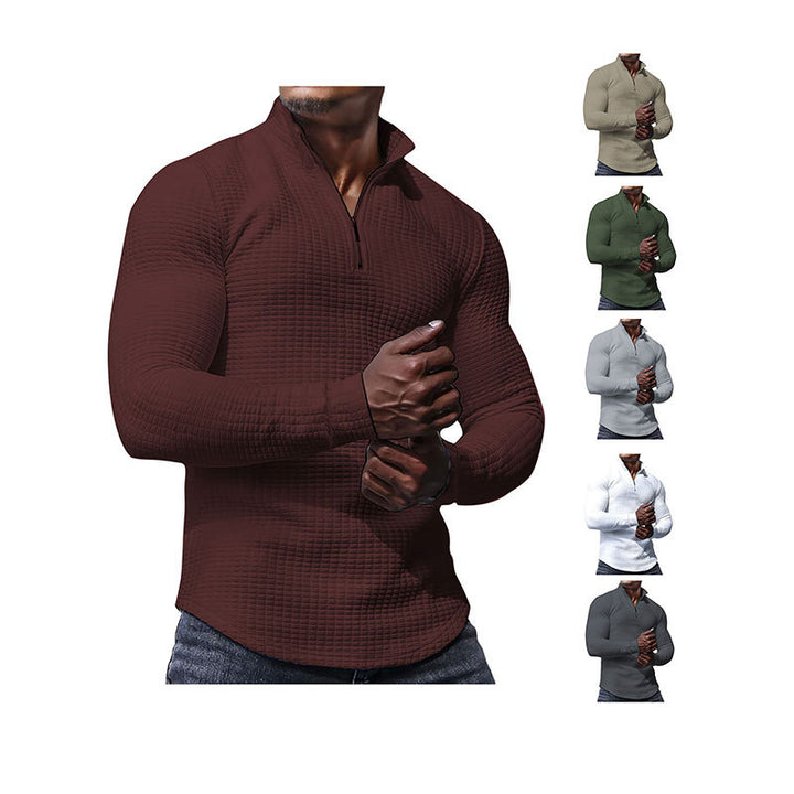 Men's tailored thermo half-zip pullover with waffle texture and standing collar StylebySassy