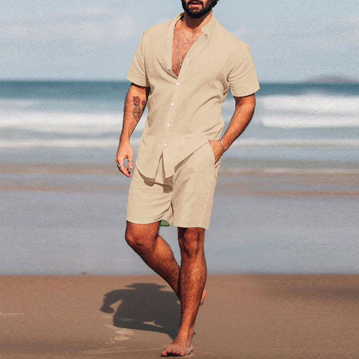 Men's two-piece summer leisure ensemble with open shirt collar and loose knee-length shorts StylebySassy