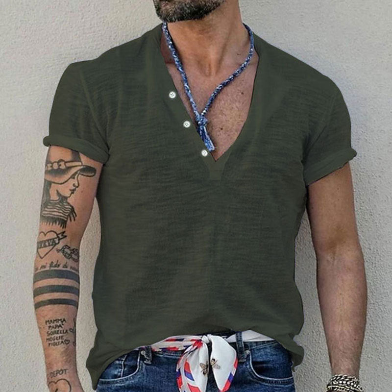 Men's short sleeve Henley style shirt made of slub cotton jersey with short button placket StylebySassy