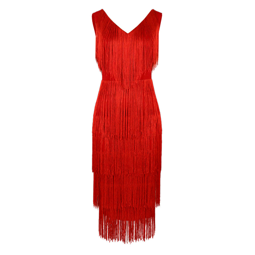 Women's fringed dress with elegant V-neck and swinging hem