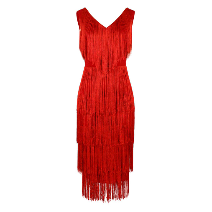 Women's fringed dress with elegant V-neck and swinging hem