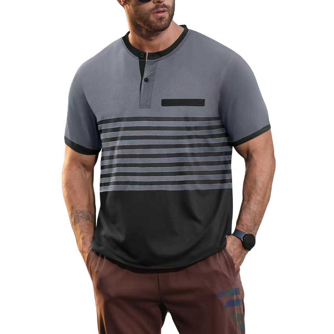 Men's short-sleeved Henley top with short button placket, chest piping, and block stripes StylebySassy