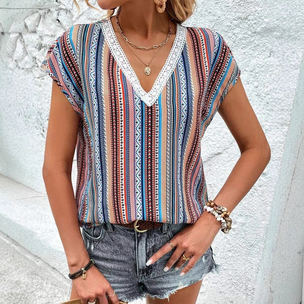 Women's light V-neck top with ethnic stripe pattern and crochet trim StylebySassy