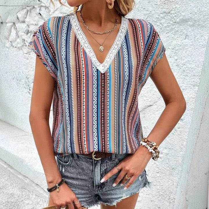 Women's light V-neck top with ethnic stripe pattern and crochet trim StylebySassy