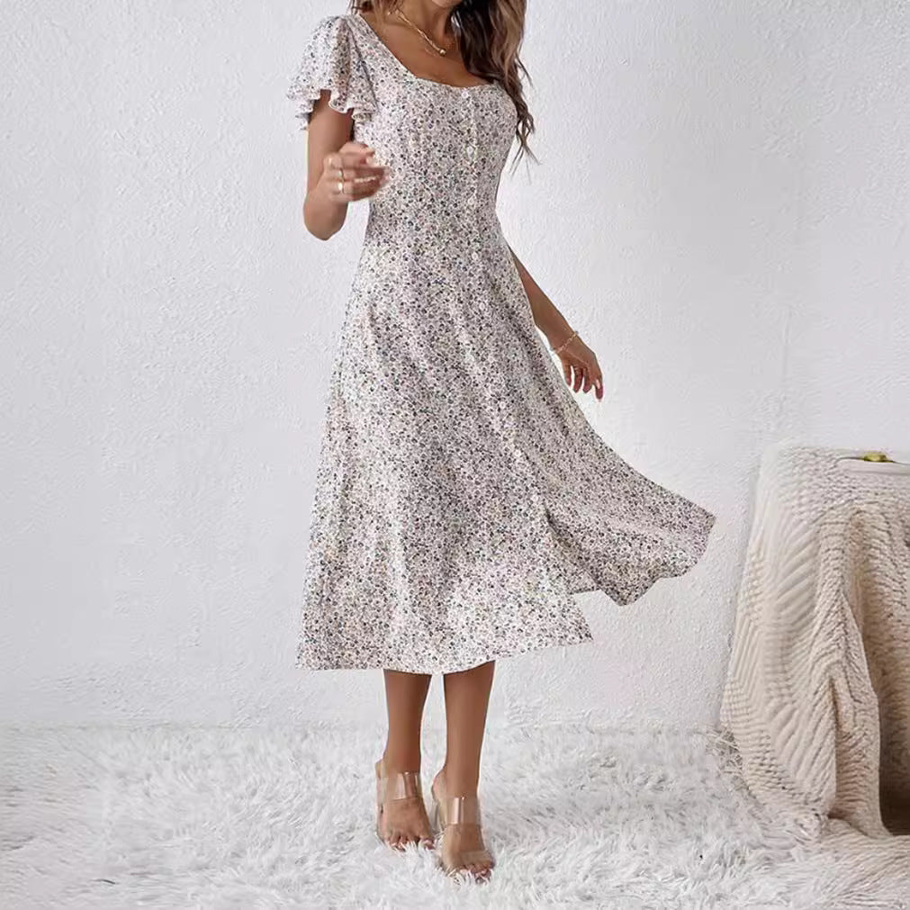 Women's fitted midi dress with square neckline, concealed button placket, and flowing A-line skirt StylebySassy