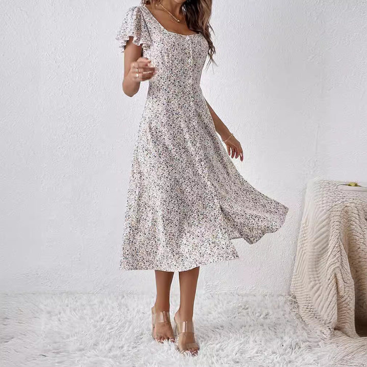 Women's fitted midi dress with square neckline, concealed button placket, and flowing A-line skirt StylebySassy