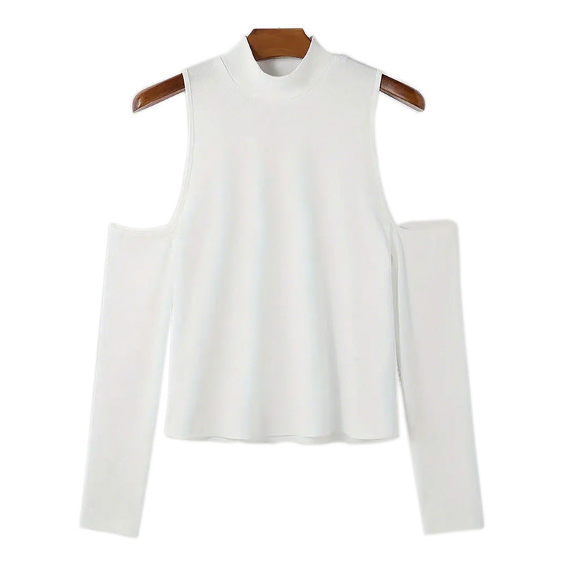 Women's fitted fine knit top with stand-up collar, shoulder cutouts, and long sleeves StylebySassy