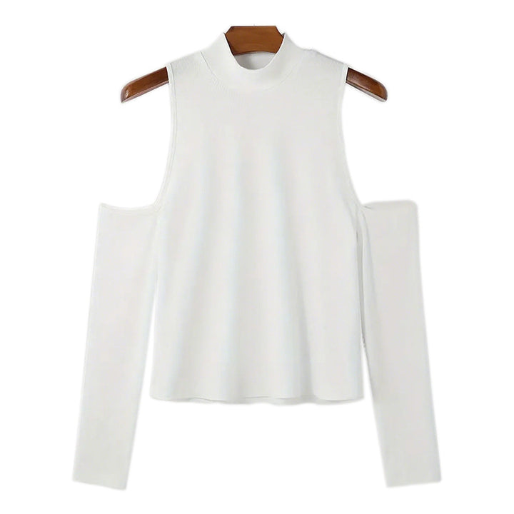 Women's fitted fine knit top with stand-up collar, shoulder cutouts, and long sleeves StylebySassy