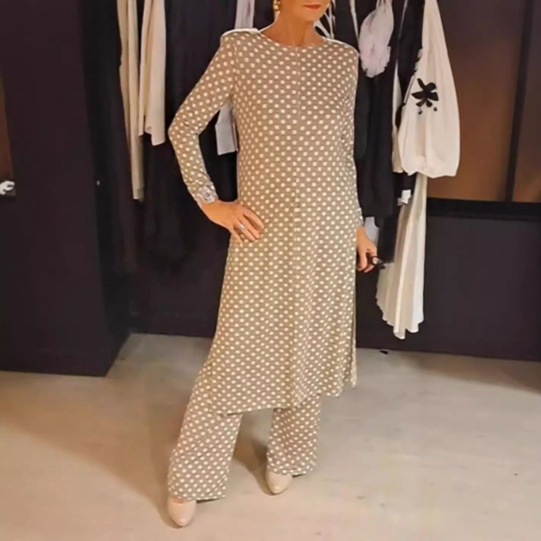 Women Nan Polka Dot Lounge Set with Long A-Line Tunic, Center Front Slit, and Wide Palazzo Pants StylebySassy