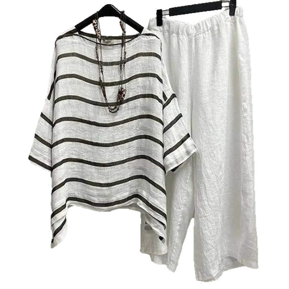 Women's casual linen set with asymmetrical striped blouse and wide elastic waistband pants StylebySassy