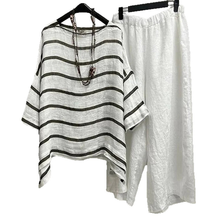 Women's casual linen set with asymmetrical striped blouse and wide elastic waistband pants StylebySassy
