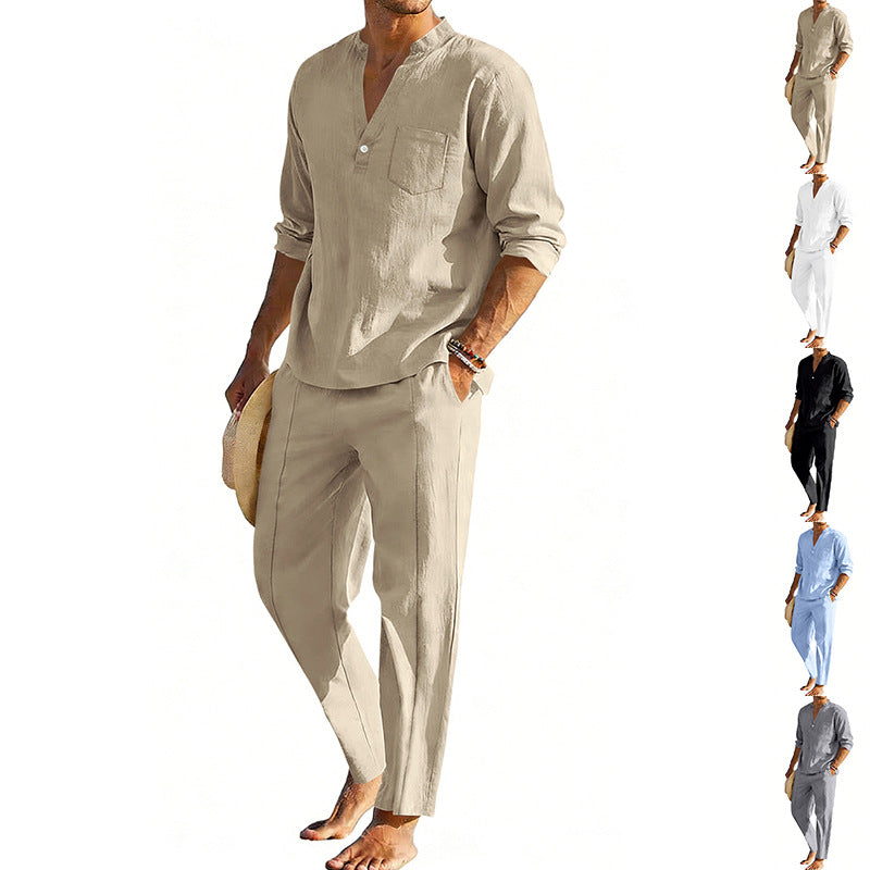 Men's comfortable linen two-piece with stand-up collar shirt and tapered ankle-length pants StylebySassy