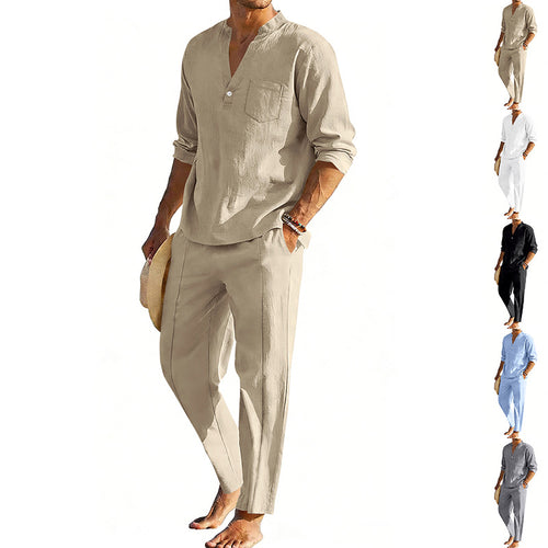 Men's comfortable linen two-piece with stand-up collar shirt and tapered ankle-length pants StylebySassy