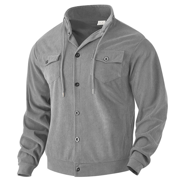 Men's ribbed transitional jacket in shirt style with stand-up collar, drawstring, and flap pockets StylebySassy