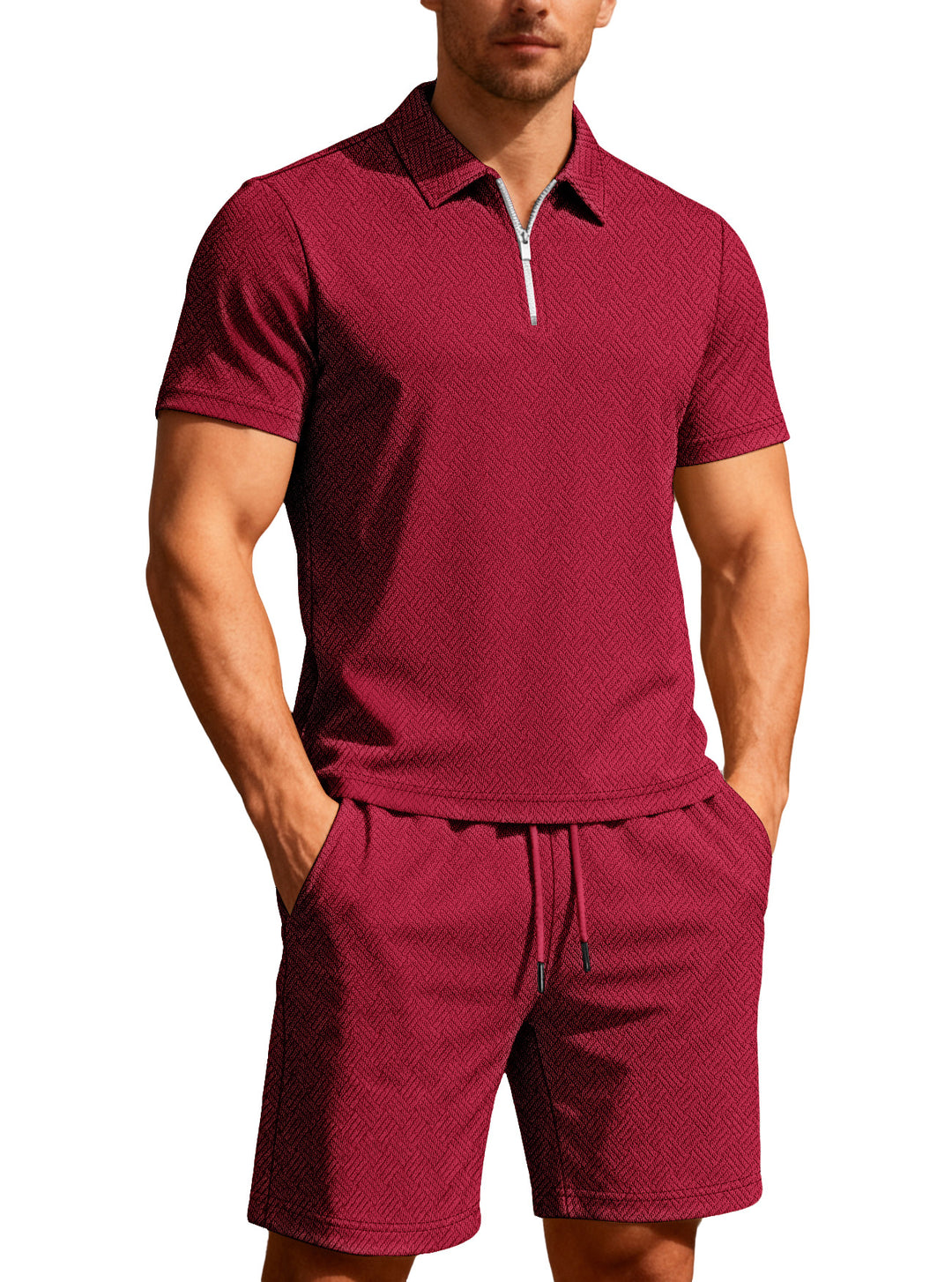 Men's comfortable lounge two-piece set made of structured cotton blend with half-zip polo shirt and drawstring shorts StylebySassy