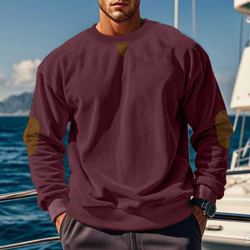 Men's ribbed knit sweater with round neckline elbow patches and decorative triangle StylebySassy