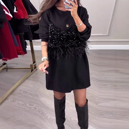 Women's Nan Sweatshirt Mini Dress with Sequin Front and Feather Trim StylebySassy