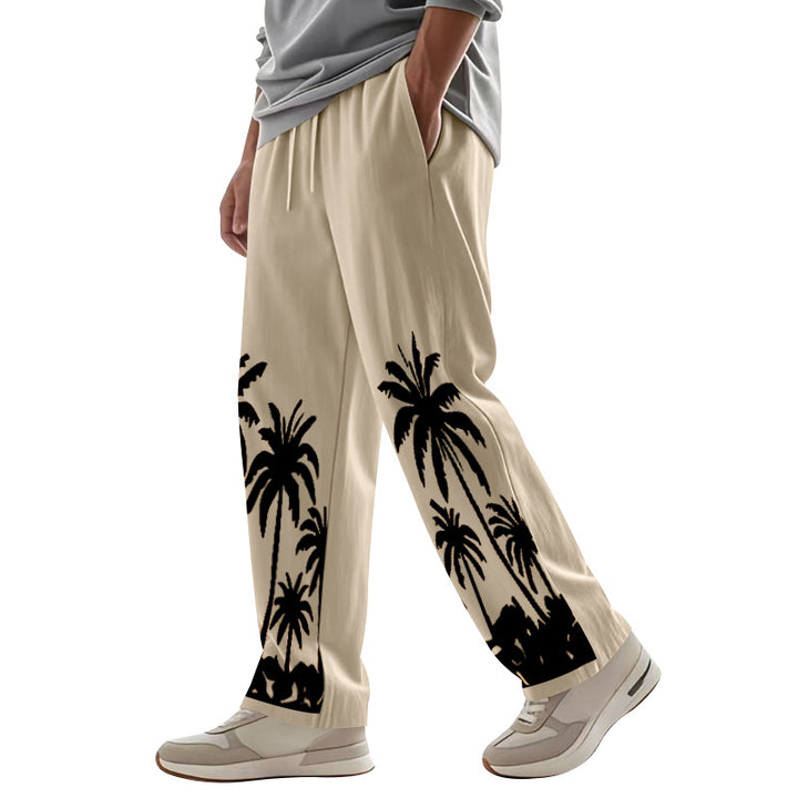 Men's wide leisure pants made of cotton-linen blend with palm print, elastic waistband and drawstring StylebySassy
