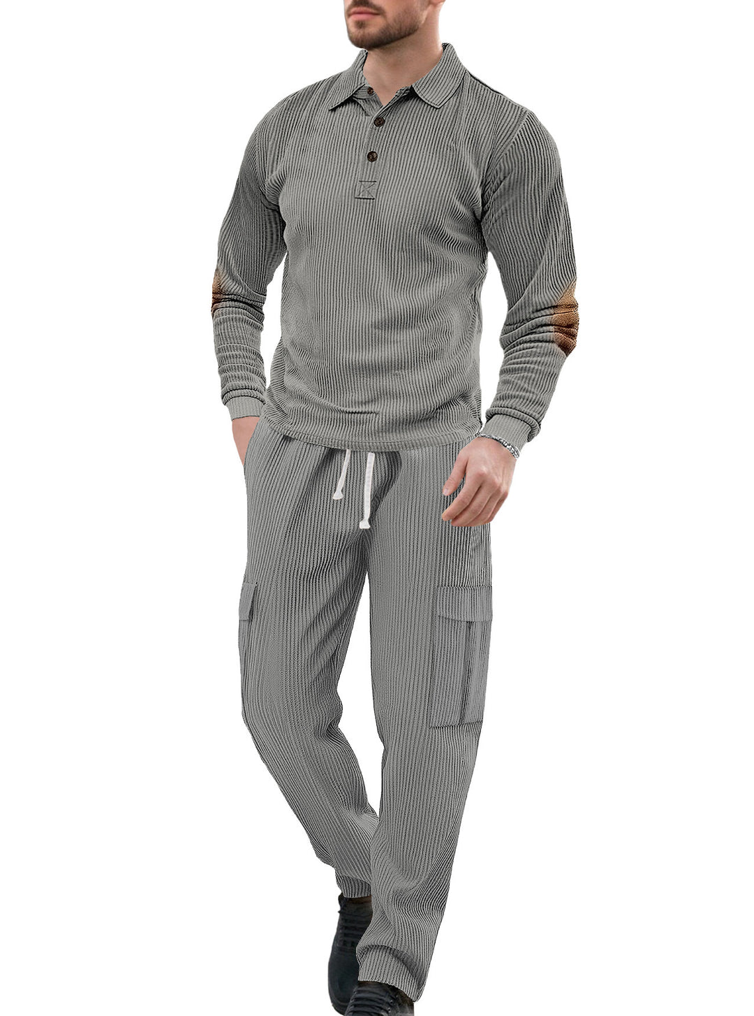 Men's nano ribbed lounge set with polo collar elbow patches and cargo pants StylebySassy