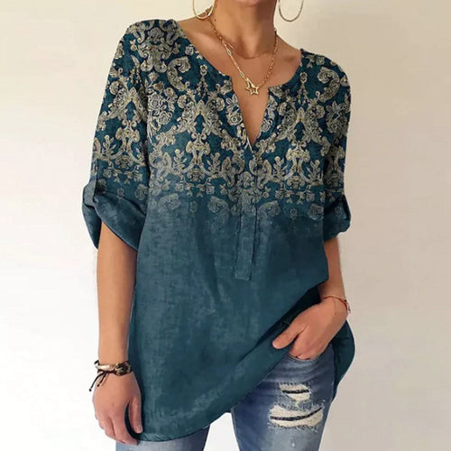 Women's V-neck tunic in linen look with ornamental border print, rolled-up sleeves, and rounded hem StylebySassy