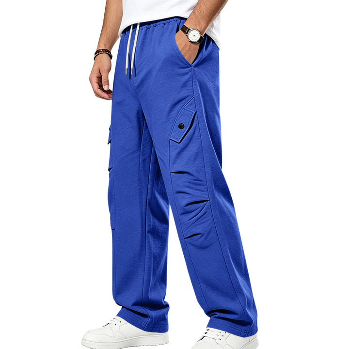 Men's relaxed cargo sweatpants with elastic drawstring waistband, flap pockets, and knee patches StylebySassy
