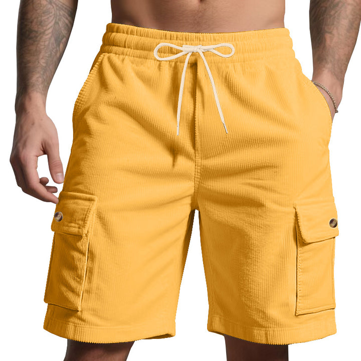 Men's cord cargo shorts with elastic drawstring waistband, patch cargo pockets, and soft cotton blend StylebySassy