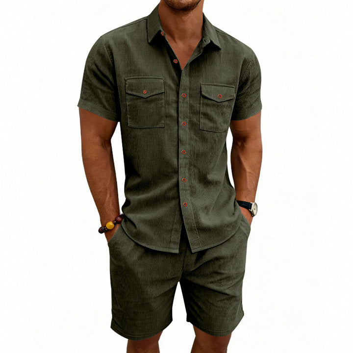 Men's structured cord leisure set with camp collar shirt and casual shorts StylebySassy