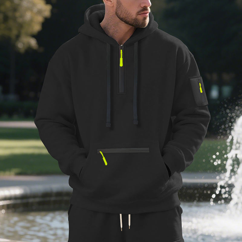 Men's half-zip hoodie with sealed zippers, kangaroo zip pocket, and arm pocket StylebySassy