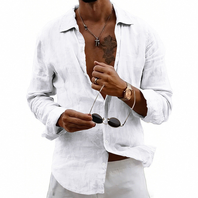 Men's airy relaxed linen shirt with open lapel, rounded hem, and roll-up sleeves StylebySassy