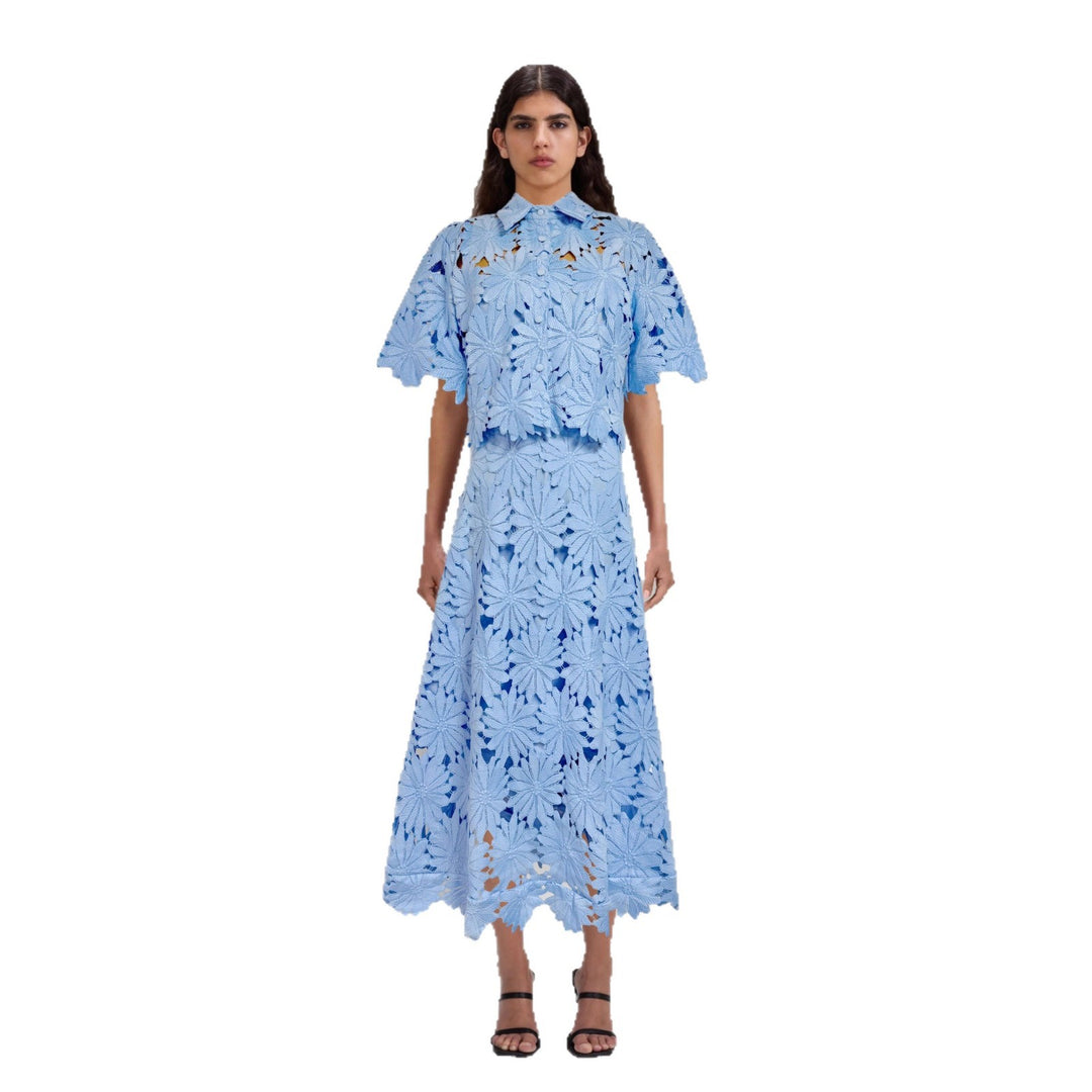 Ladies two-piece crochet lace set with shirt collar, short sleeves, and flared midi skirt StylebySassy