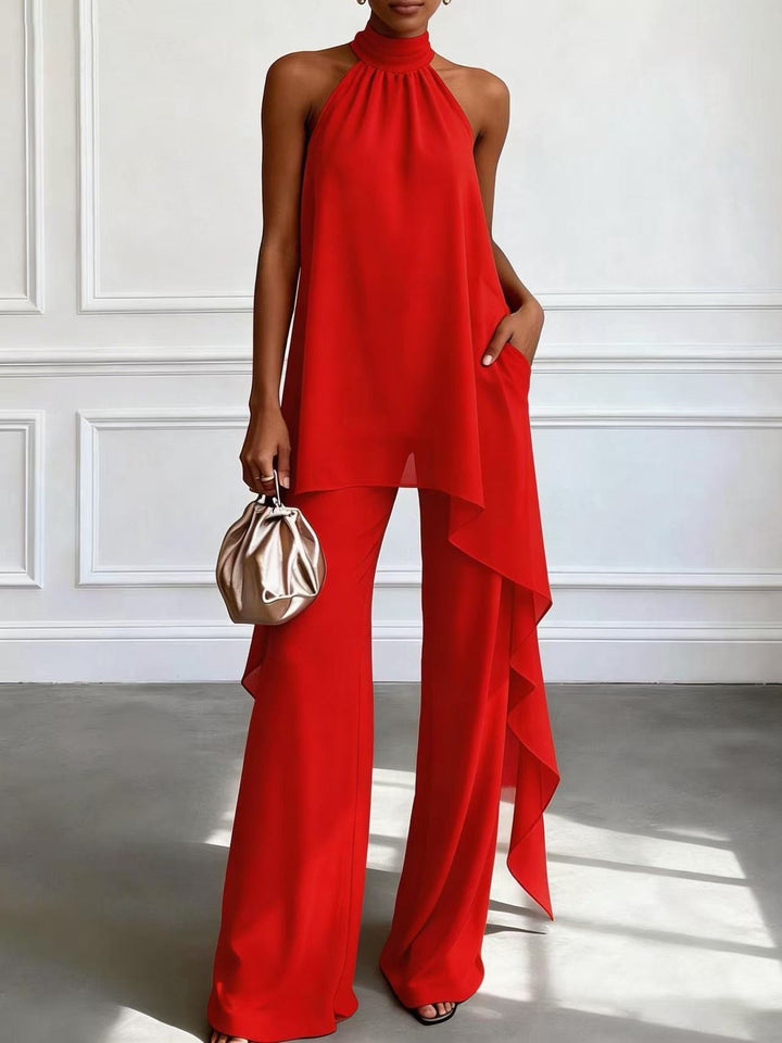 Ladies' elegant evening two-piece with gathered stand collar, asymmetrical ruffle, and flowing flared trousers StylebySassy