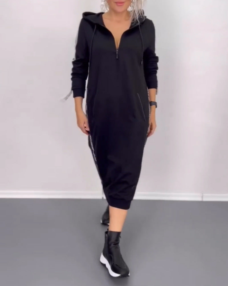 Women's ankle-length hooded sweatshirt dress with half zip, kangaroo pockets and side decorative piping StylebySassy