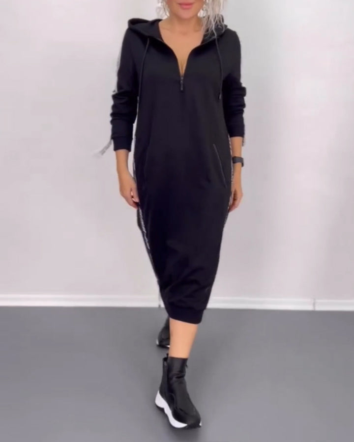 Women's ankle-length hooded sweatshirt dress with half zip, kangaroo pockets and side decorative piping StylebySassy