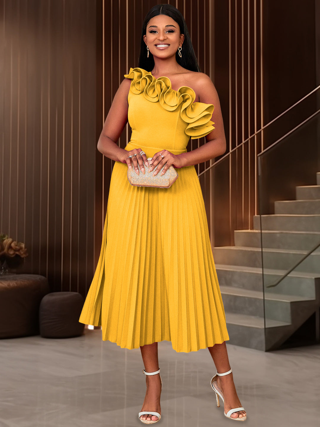 Women Folding Maxi Dress with Asymmetric Neckline and Ruffles