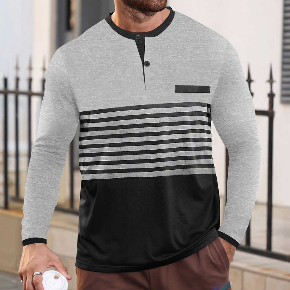 Men's modern long sleeve polo with Henley placket striped chest part and stand-up collar StylebySassy