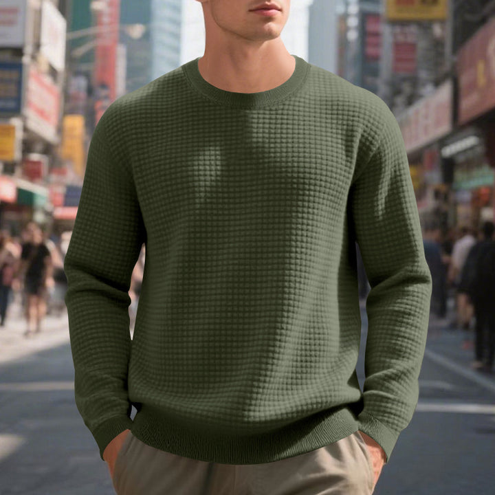 Men's structured knit sweater with waffle texture and round neck StylebySassy