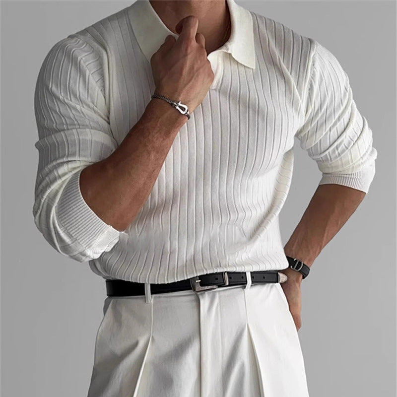 Men's fitted ribbed polo sweater with open V-neck and slim fit StylebySassy