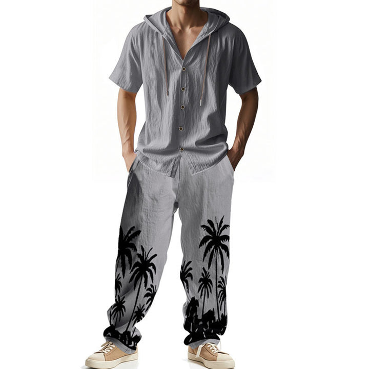 Men's casual summer ensemble with hoodie and wide palm motif pants StylebySassy