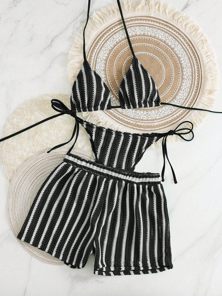 Women's bikini set with striped design and casual shorts StylebySassy