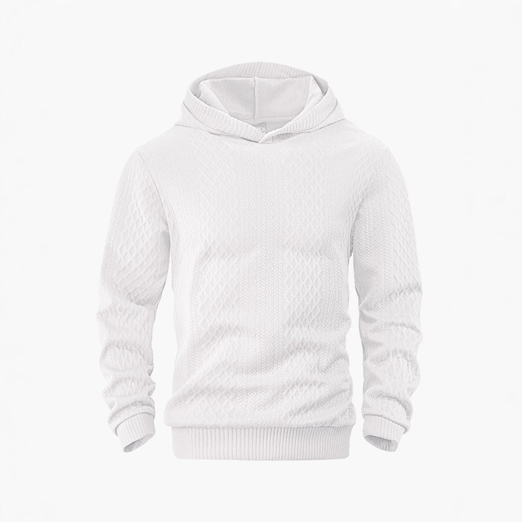 Men's structured funnel neck pullover with hood and honeycomb jacquard StylebySassy